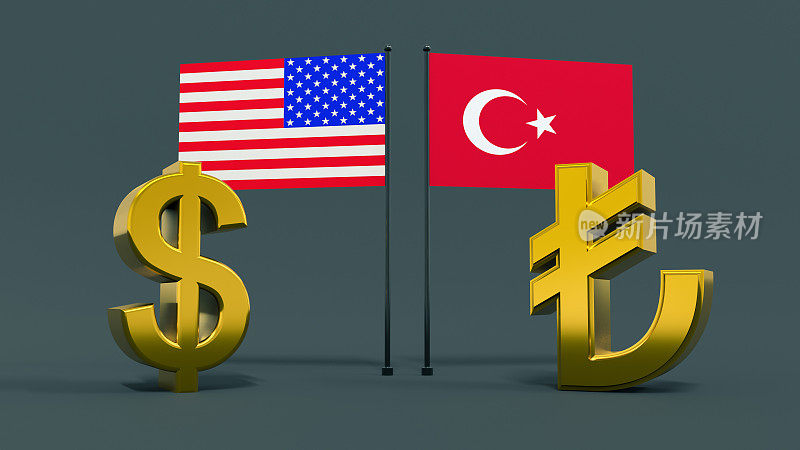 Dollar and lira symbols with the US and Turkish flags are opposite each other on a neutral gray background. Finance concept. world currencies. 3D rendering.